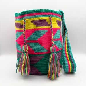 Authentic Wayuu Mochila Bag - Vibrant Handwoven Crossbody with Tassels Size medi